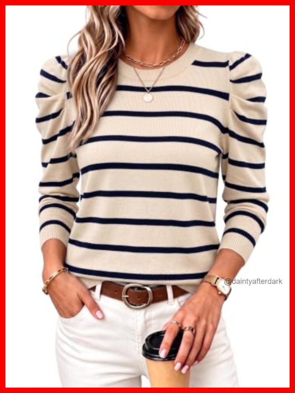 Womens Long Sleeve Puff Sleeve Crew Neck Knit Pullover Sweater